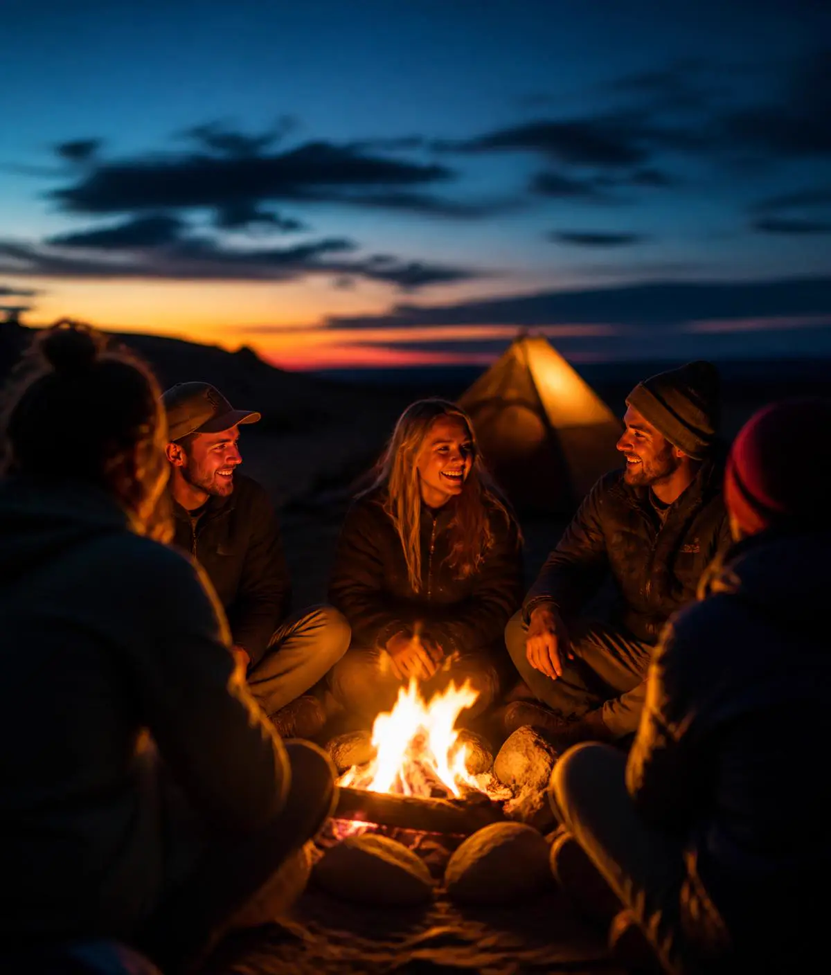 A group of travellers sitting around a campfire at dusk beside their tents