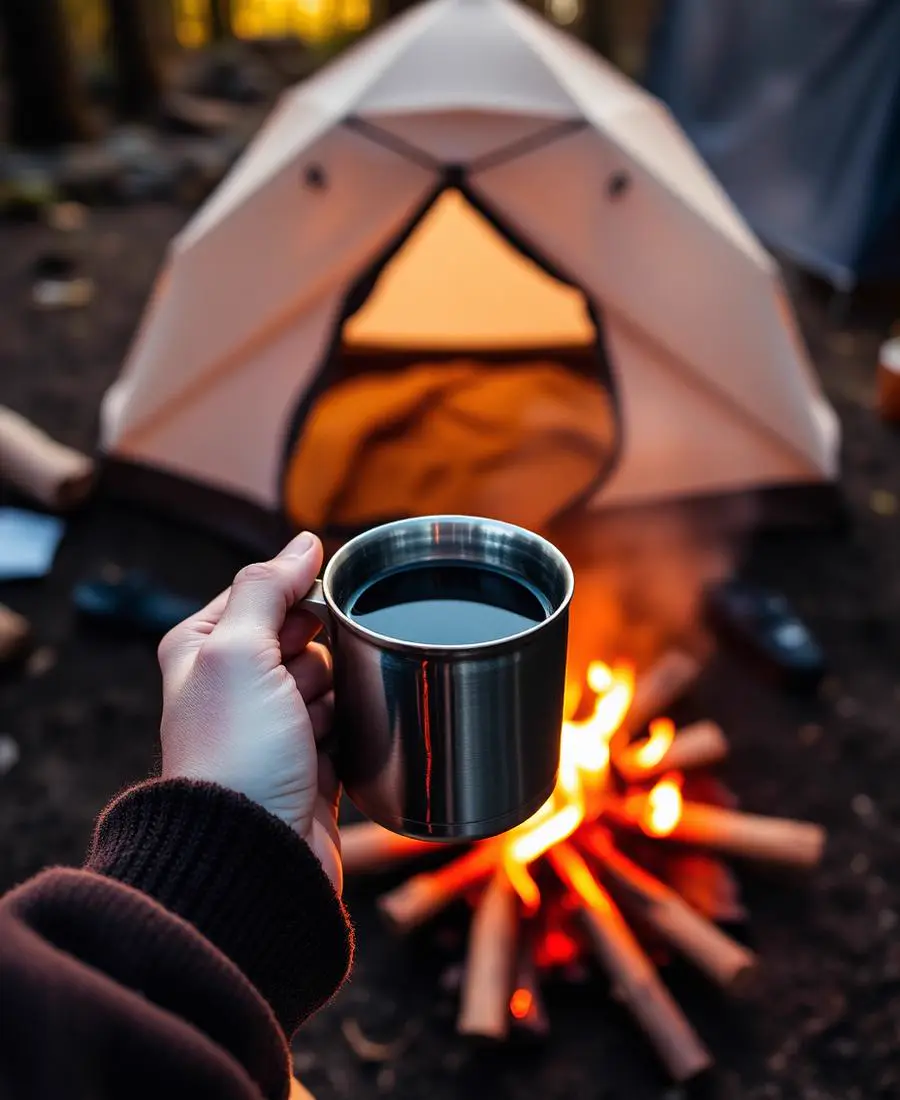 Hands holding a steel cup of tea beside a morning campfire