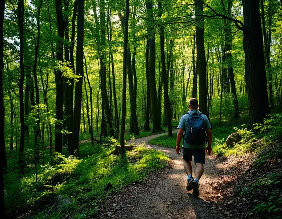 A backpacker walking a sunlit forest trail
