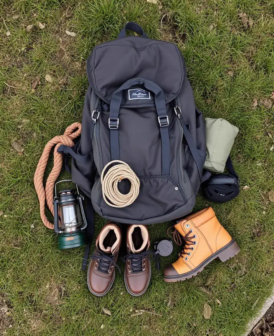 Camping gear laid out on grass: backpack, lantern, rope and boots