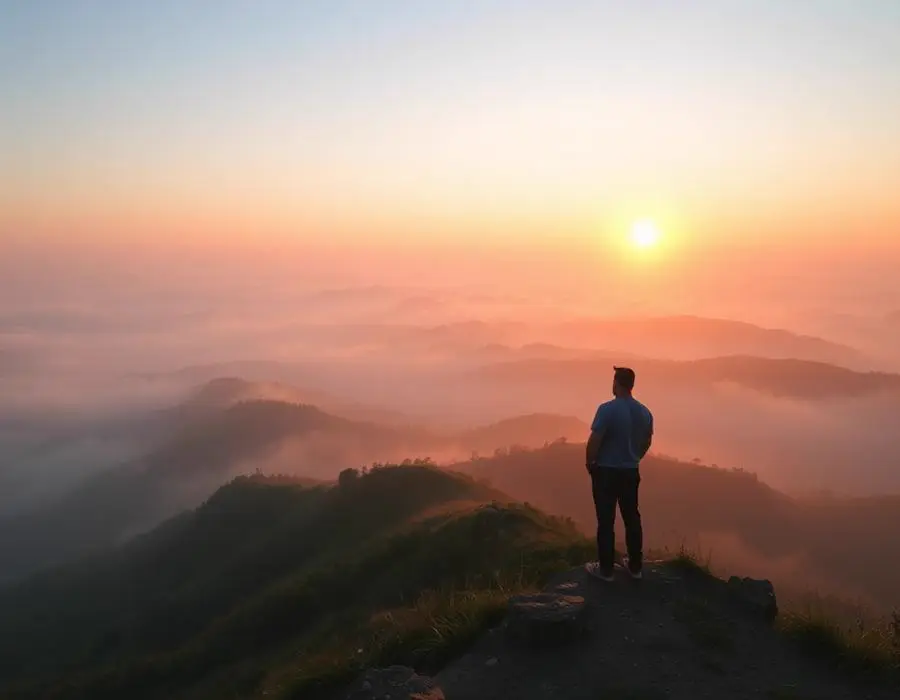 A traveller watching sunrise over misty rolling hills