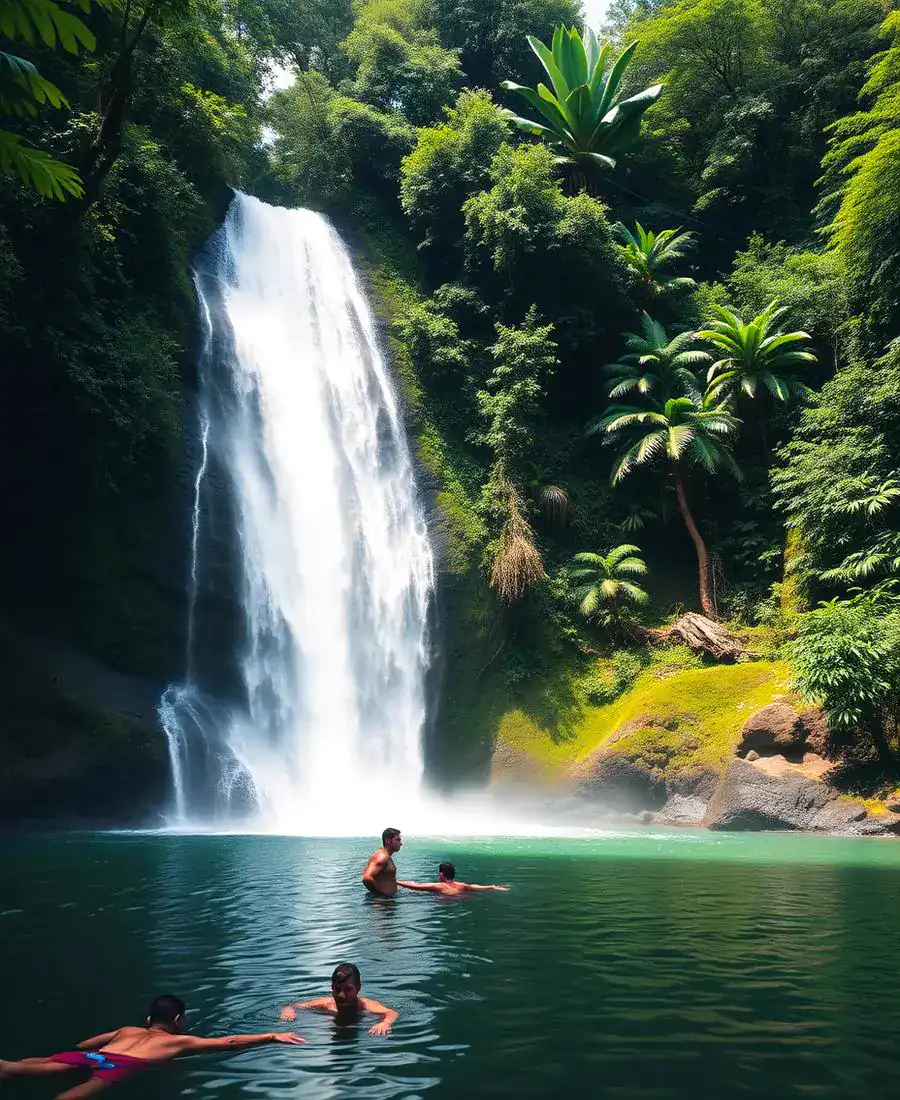 Swimmers in a green pool below a forest waterfall