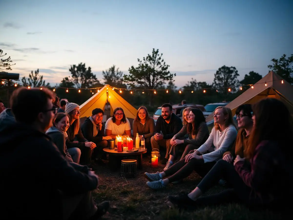 A large group gathered at a campsite under string lights in the evening