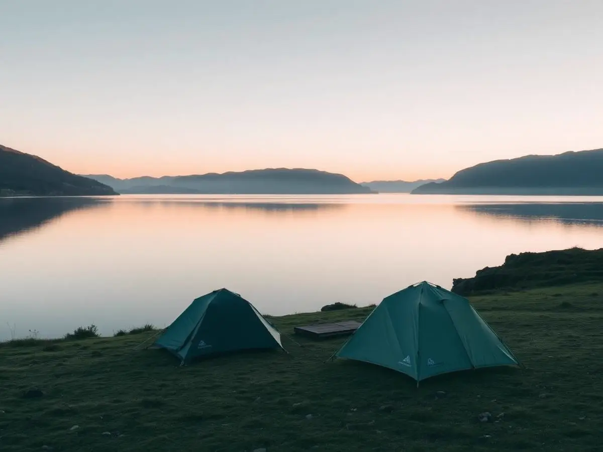 Tents beside a still lake at golden hour