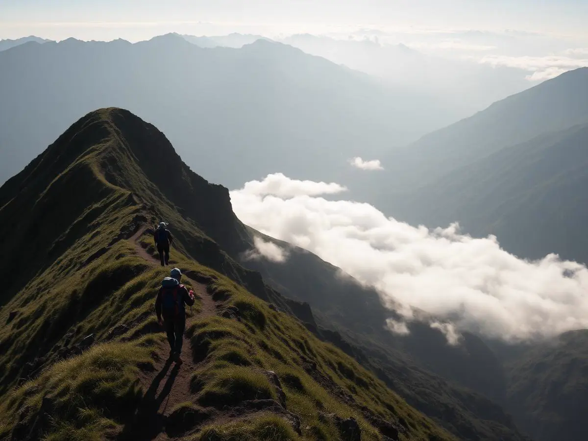 Trekkers walking a ridge trail above the clouds